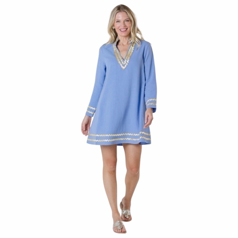 SAIL TO SABLE Cover-Up Cotton Linen Embroidered Coastal Blue Kaftan Dress Sz XS